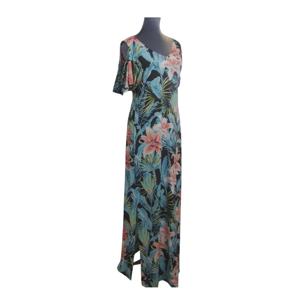Connected Apparel Tropical Cold Shoulder Maxi Dress Size 8 Slits Tropical